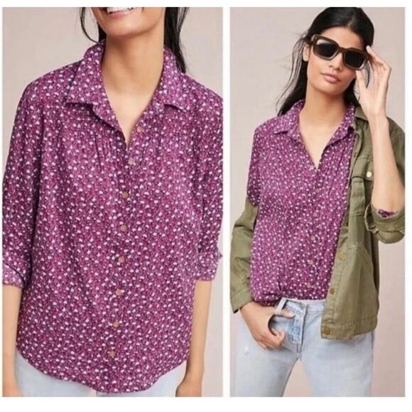Maeve Anthropologie Calico Ditsy Floral Button Front Long Sleeve Shirt 6P Petite - Picture 1 of 14